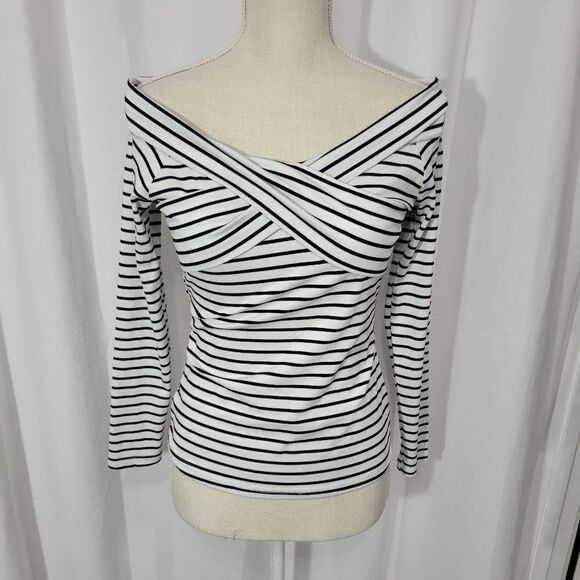 Mixfeer Women's Off Shoulder Casual Top With Long Sleeves Striped Criss Cross - Picture 2 of 9